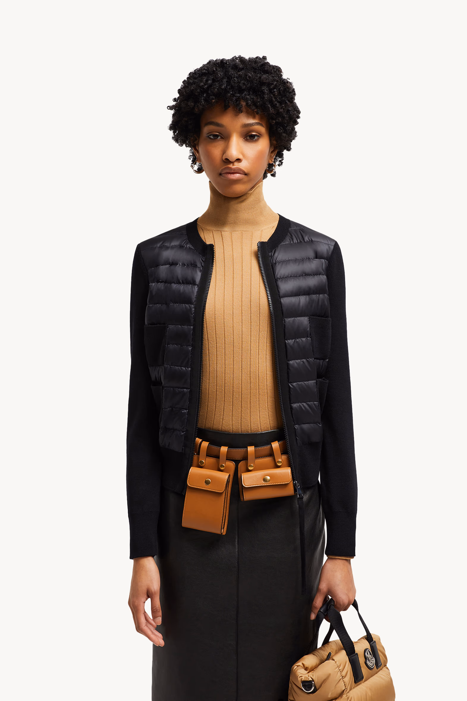 Cardigan zippé matelassé en laine Femmes Noir Moncler 0